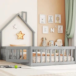 Okwish Lit Cabane 90 x 200 cm - Lit enfant Forme Cheminée - Pin + MDF - Sans Matelas - Gris*Enfant Lit Enfant