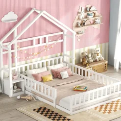 Lit Cabane 140 x 200 cm - Lit enfant avec Balustrade et Tables de Chevet - Bois + MDF - Sans Matelas - Blanc><noscript><img width=