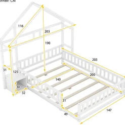 Lit Cabane 140 x 200 cm - Lit enfant avec Balustrade et Tables de Chevet - Bois + MDF - Sans Matelas - Blanc><noscript><img width=