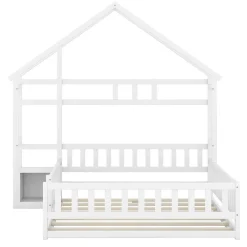 Lit Cabane 140 x 200 cm - Lit enfant avec Balustrade et Tables de Chevet - Bois + MDF - Sans Matelas - Blanc><noscript><img width=