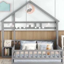 Lit Cabane 140 x 200 cm - Lit enfant avec Balustrade et Tables de Chevet - Bois + MDF - Sans Matelas - Gris>Okwish