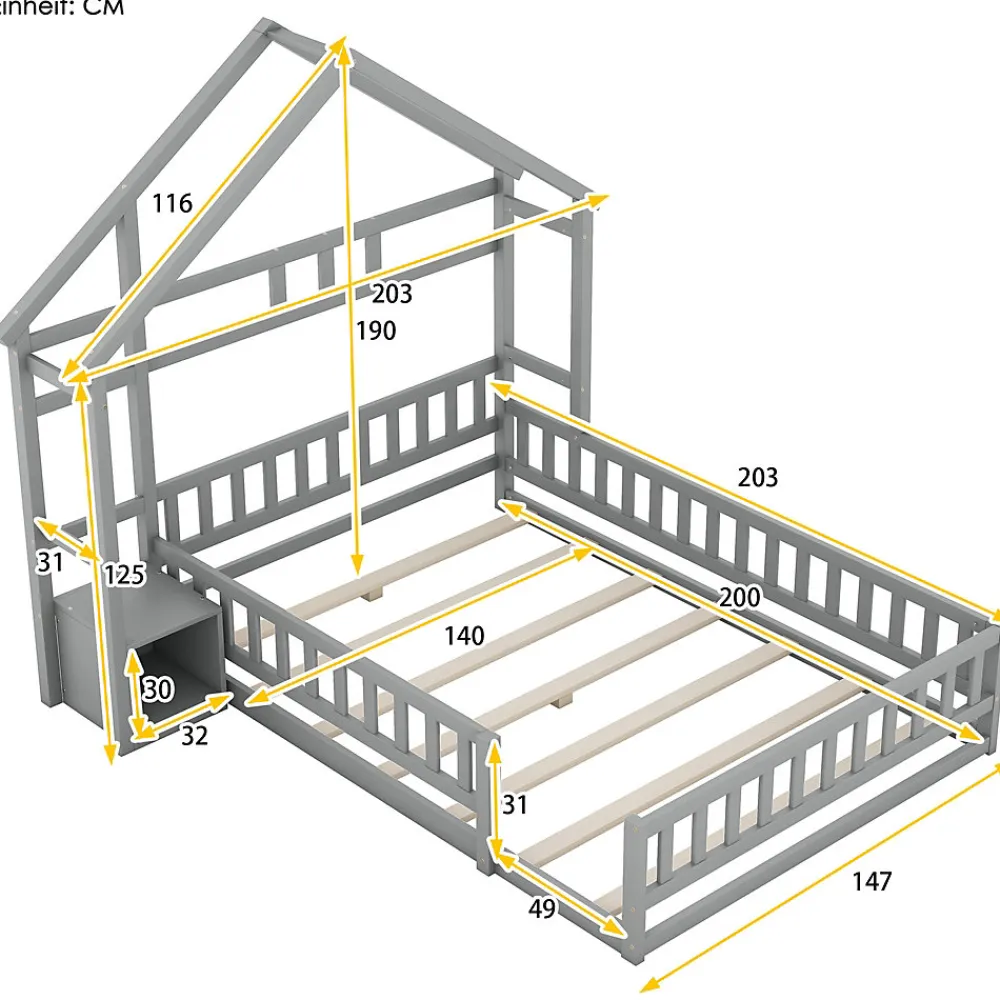 Lit Cabane 140 x 200 cm - Lit enfant avec Balustrade et Tables de Chevet - Bois + MDF - Sans Matelas - Gris>Okwish