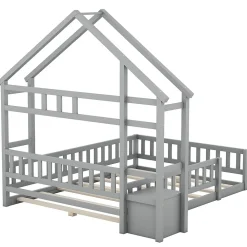 Lit Cabane 140 x 200 cm - Lit enfant avec Balustrade et Tables de Chevet - Bois + MDF - Sans Matelas - Gris><noscript><img width=