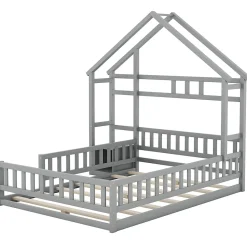 Lit Cabane 140 x 200 cm - Lit enfant avec Balustrade et Tables de Chevet - Bois + MDF - Sans Matelas - Gris><noscript><img width=