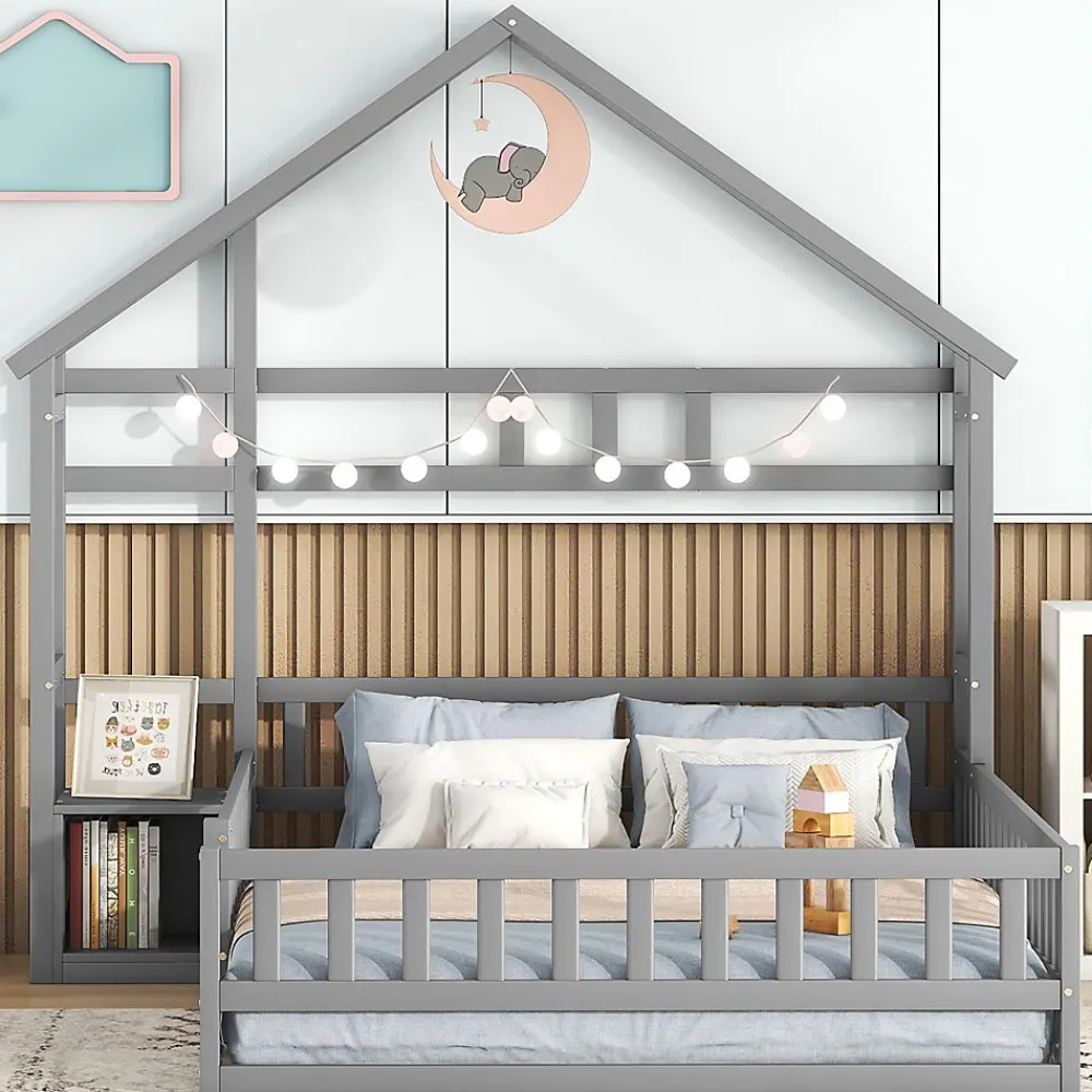 Lit Cabane 140 x 190 cm - Lit enfant avec Balustrade et Tables de Chevet - Bois + MDF - Sans Matelas - Gris>Okwish Hot