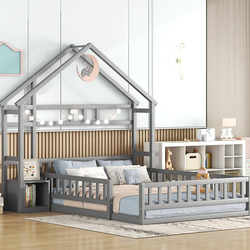 Lit Cabane 140 x 190 cm - Lit enfant avec Balustrade et Tables de Chevet - Bois + MDF - Sans Matelas - Gris>Okwish Hot
