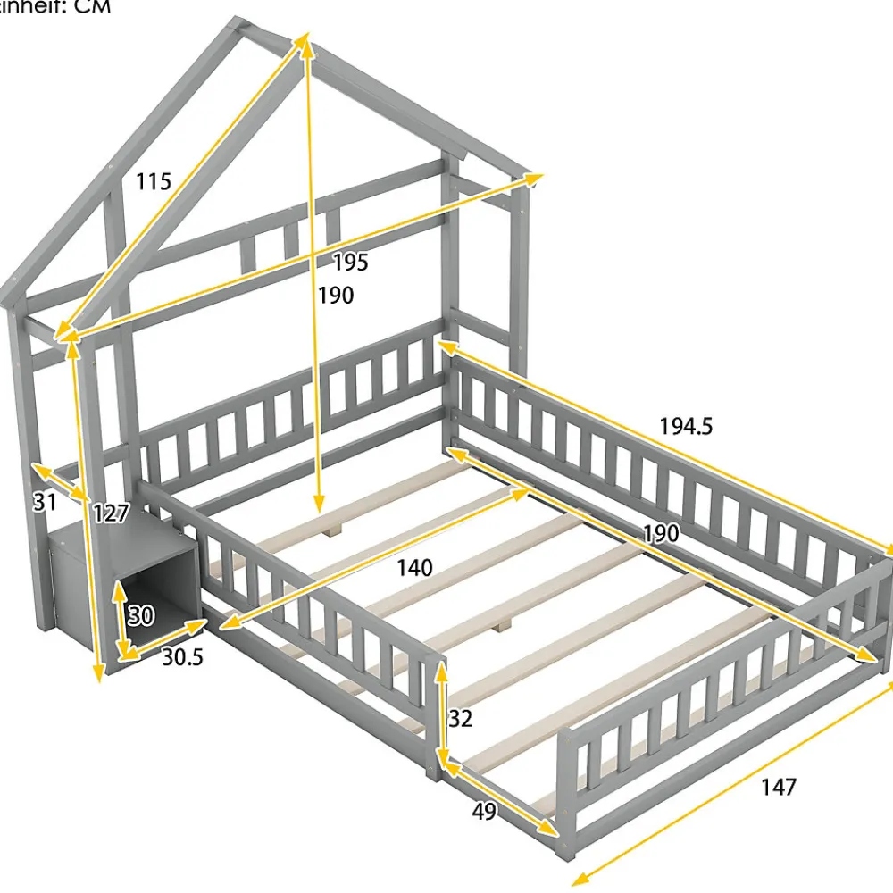 Lit Cabane 140 x 190 cm - Lit enfant avec Balustrade et Tables de Chevet - Bois + MDF - Sans Matelas - Gris>Okwish Hot