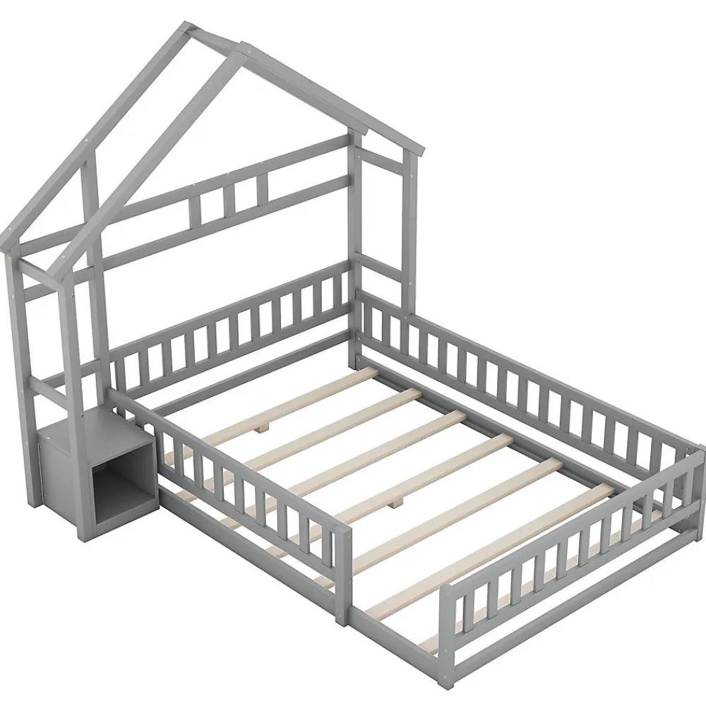 Lit Cabane 140 x 190 cm - Lit enfant avec Balustrade et Tables de Chevet - Bois + MDF - Sans Matelas - Gris>Okwish Hot