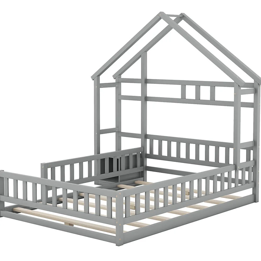 Lit Cabane 140 x 190 cm - Lit enfant avec Balustrade et Tables de Chevet - Bois + MDF - Sans Matelas - Gris>Okwish Hot