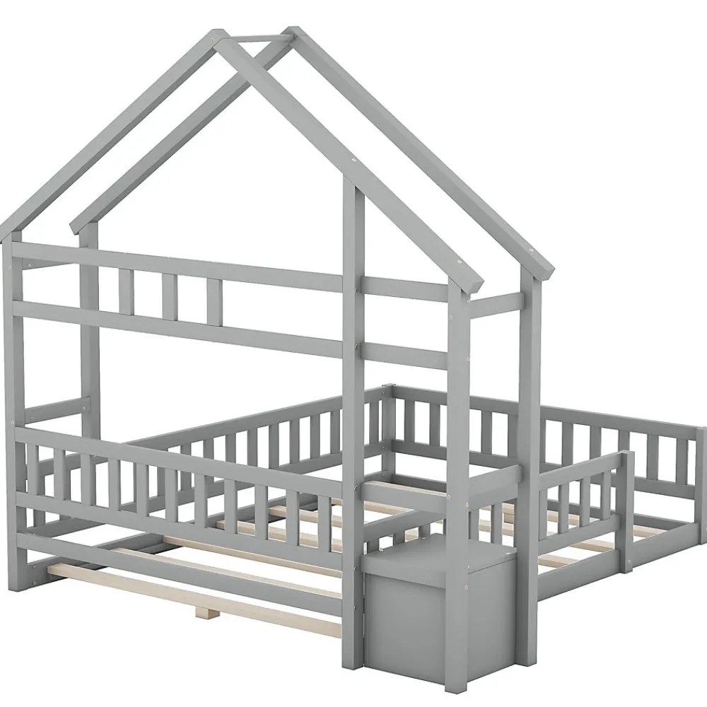 Lit Cabane 140 x 190 cm - Lit enfant avec Balustrade et Tables de Chevet - Bois + MDF - Sans Matelas - Gris>Okwish Hot