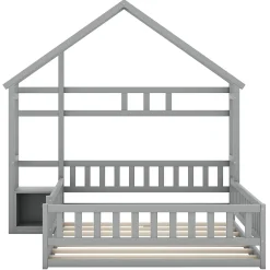 Lit Cabane 140 x 190 cm - Lit enfant avec Balustrade et Tables de Chevet - Bois + MDF - Sans Matelas - Gris><noscript><img width=