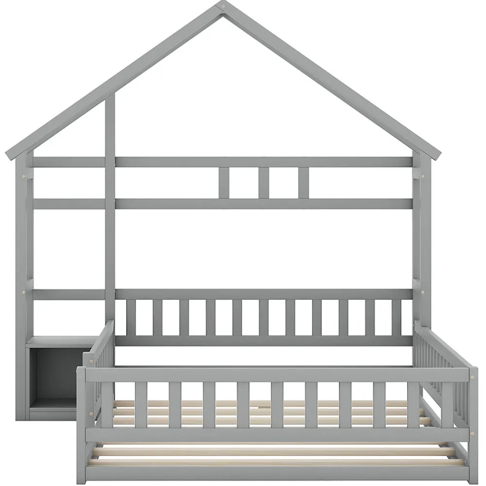 Lit Cabane 140 x 190 cm - Lit enfant avec Balustrade et Tables de Chevet - Bois + MDF - Sans Matelas - Gris>Okwish Hot