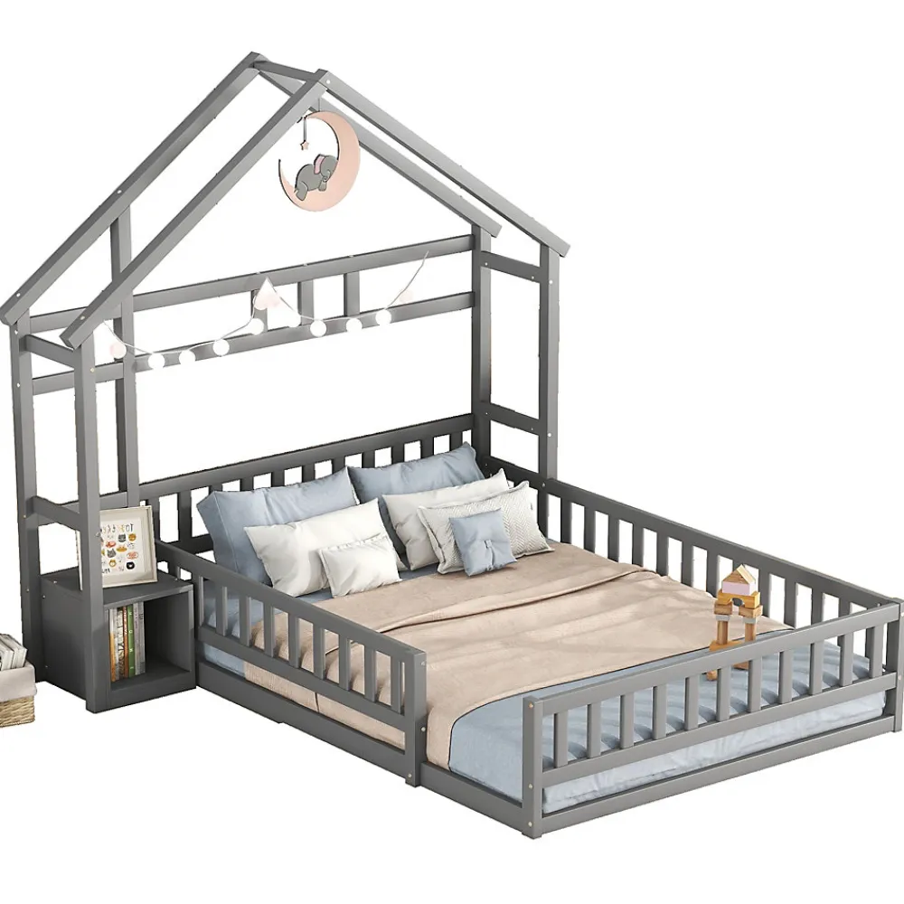 Lit Cabane 140 x 190 cm - Lit enfant avec Balustrade et Tables de Chevet - Bois + MDF - Sans Matelas - Gris>Okwish Hot