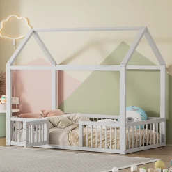 Lit Cabane 90 x 200 cm - Lit Simple avec Cadre en Bois et Sommier à Lattes - Pin + MDF - Sans Matelas - Blanc><noscript><img width=