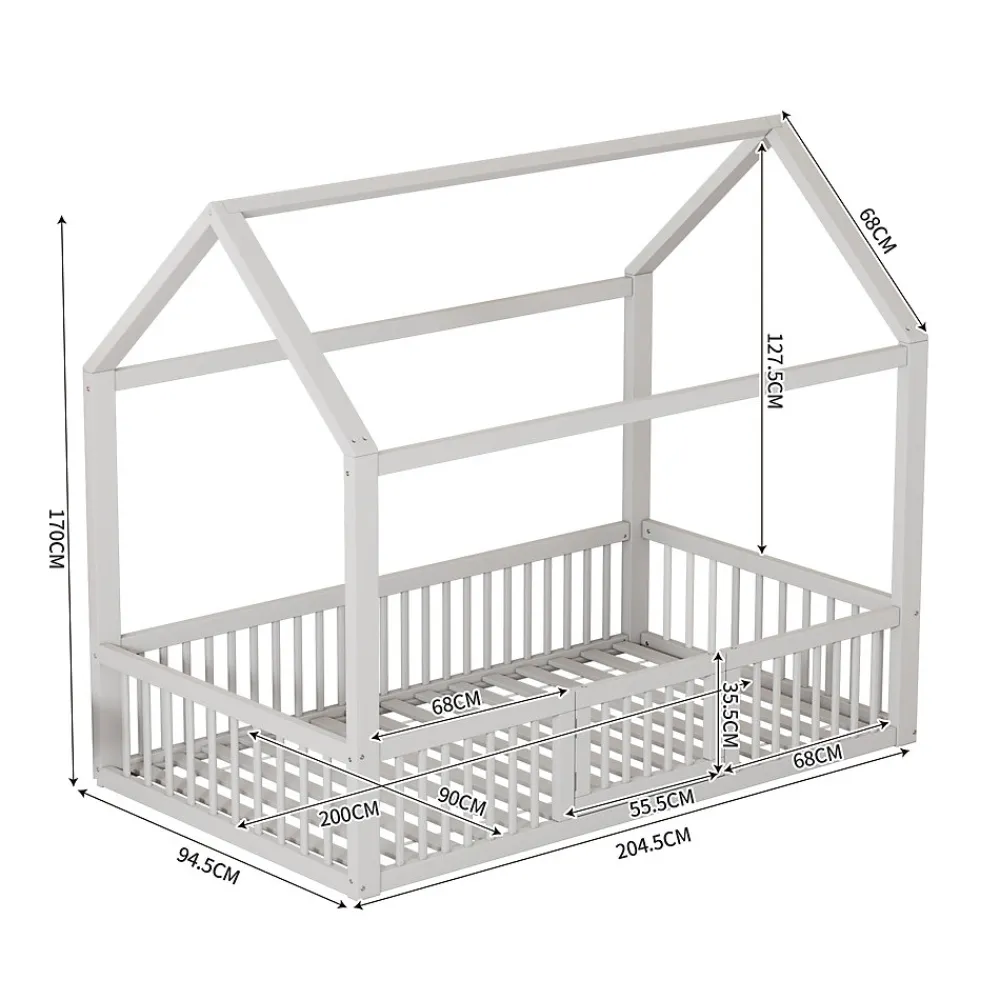Lit Cabane 90 x 200 cm - Lit Simple avec Cadre en Bois et Sommier à Lattes - Pin + MDF - Sans Matelas - Blanc>Okwish Clearance