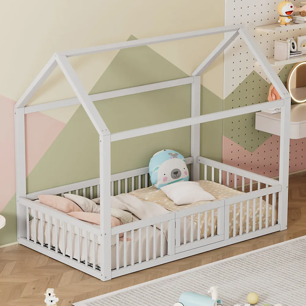 Lit Cabane 90 x 200 cm - Lit Simple avec Cadre en Bois et Sommier à Lattes - Pin + MDF - Sans Matelas - Blanc>Okwish Clearance