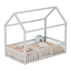 Lit Cabane 90 x 200 cm - Lit Simple avec Cadre en Bois et Sommier à Lattes - Pin + MDF - Sans Matelas - Blanc><noscript><img width=