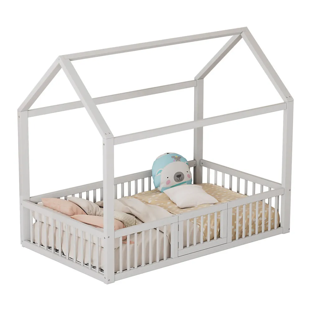 Lit Cabane 90 x 200 cm - Lit Simple avec Cadre en Bois et Sommier à Lattes - Pin + MDF - Sans Matelas - Blanc>Okwish Clearance