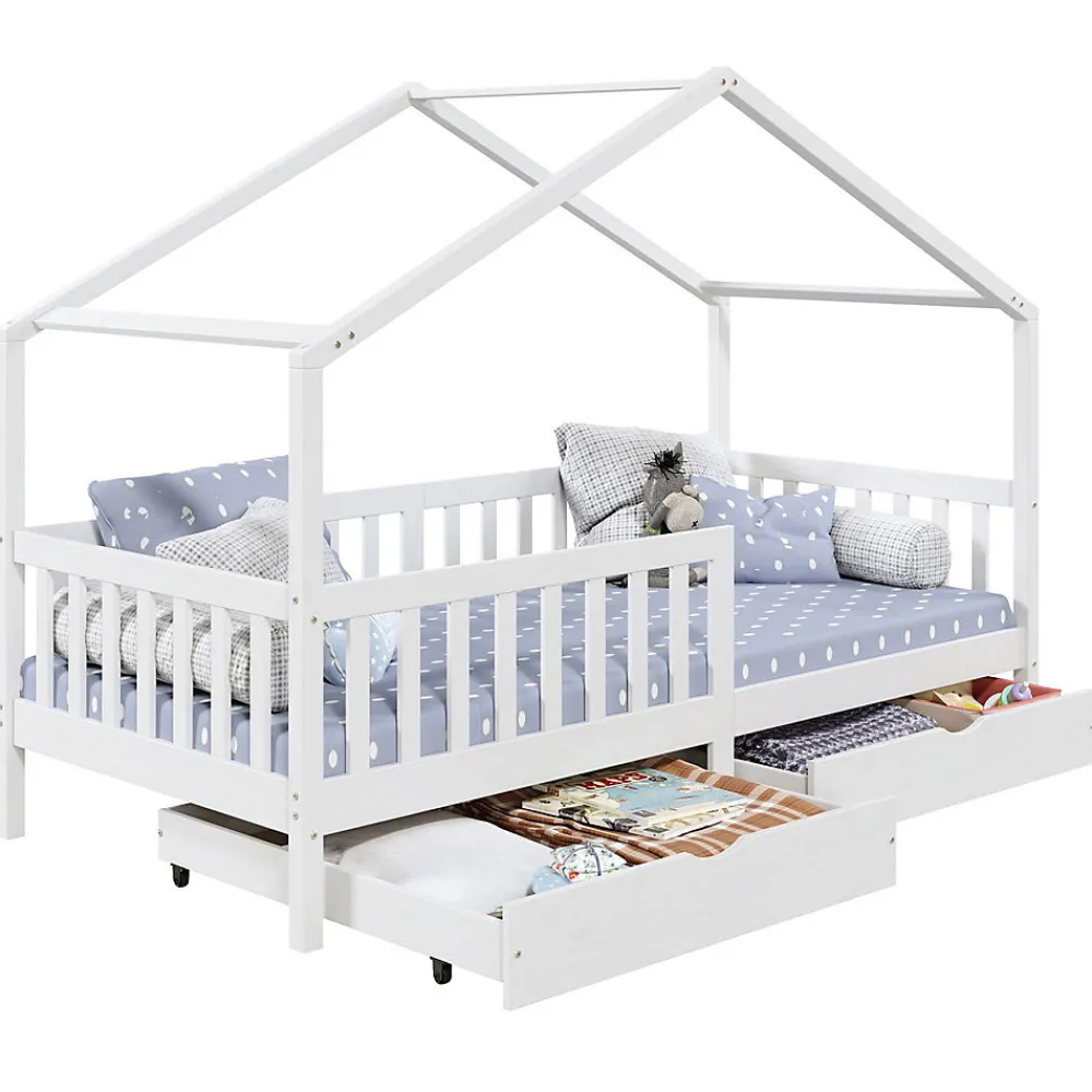 Lit cabane ELEA avec tiroirs, 90 x 200 cm en pin massif lasuré blanc>Idimex Discount