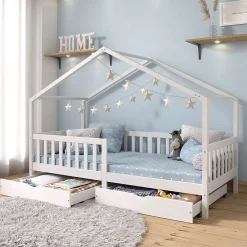 Lit cabane ELEA avec tiroirs, 90 x 200 cm en pin massif lasuré blanc>Idimex Discount
