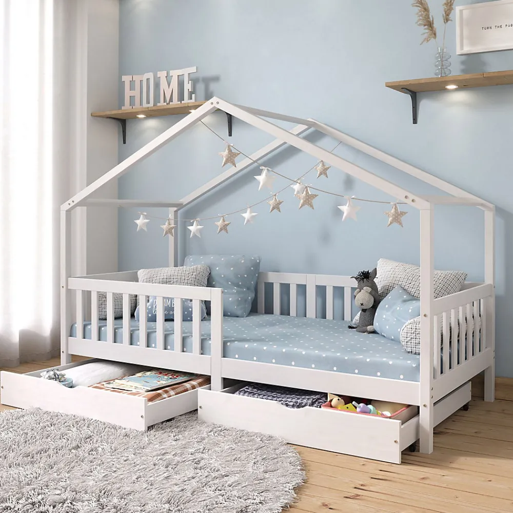 Lit cabane ELEA avec tiroirs, 90 x 200 cm en pin massif lasuré blanc>Idimex Discount