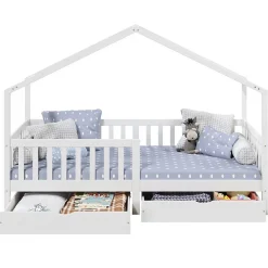 Lit cabane ELEA avec tiroirs, 90 x 200 cm en pin massif lasuré blanc><noscript><img width=