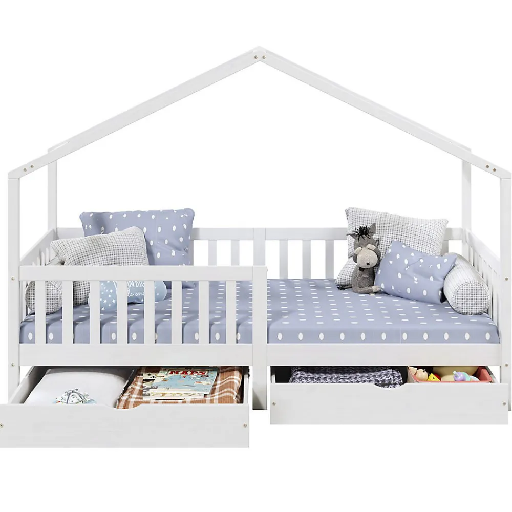 Lit cabane ELEA avec tiroirs, 90 x 200 cm en pin massif lasuré blanc>Idimex Discount