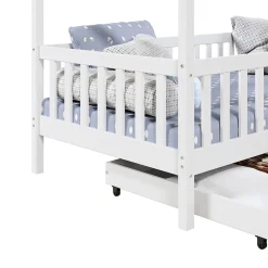 Lit cabane ELEA avec tiroirs, 90 x 200 cm en pin massif lasuré blanc><noscript><img width=