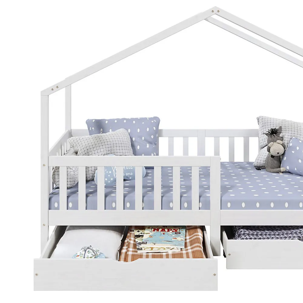Lit cabane ELEA avec tiroirs, 90 x 200 cm en pin massif lasuré blanc>Idimex Discount