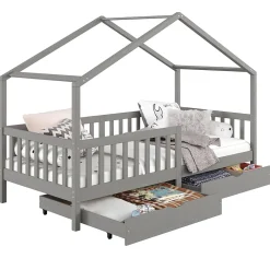 Idimex Lit cabane ELEA avec tiroirs, 90 x 200 cm en pin massif lasuré gris*Enfant Lit Enfant