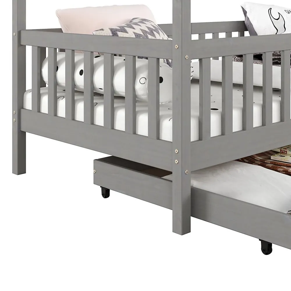 Idimex Lit cabane ELEA avec tiroirs, 90 x 200 cm en pin massif lasuré gris*Enfant Lit Enfant
