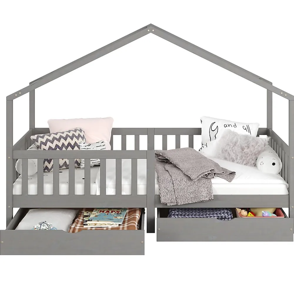 Idimex Lit cabane ELEA avec tiroirs, 90 x 200 cm en pin massif lasuré gris*Enfant Lit Enfant