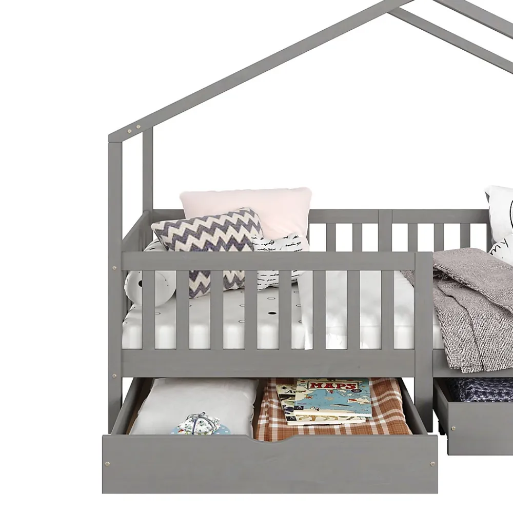 Idimex Lit cabane ELEA avec tiroirs, 90 x 200 cm en pin massif lasuré gris*Enfant Lit Enfant