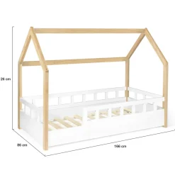 Lit cabane enfant 80 x 160 CM NEREE blanc et hêtre avec sommier et barrières><noscript><img width=