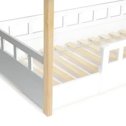 Lit cabane enfant 80 x 160 CM NEREE blanc et hêtre avec sommier et barrières><noscript><img width=