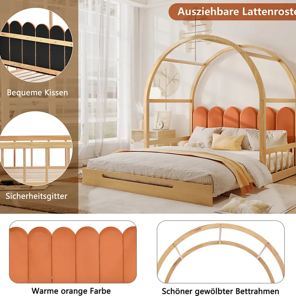 ProximaX Lit cabane enfant extensible 140x100-200 cm avec lit gigogne, cadre en pin, coussins en velours, coloris bois naturel et orange* Sommier