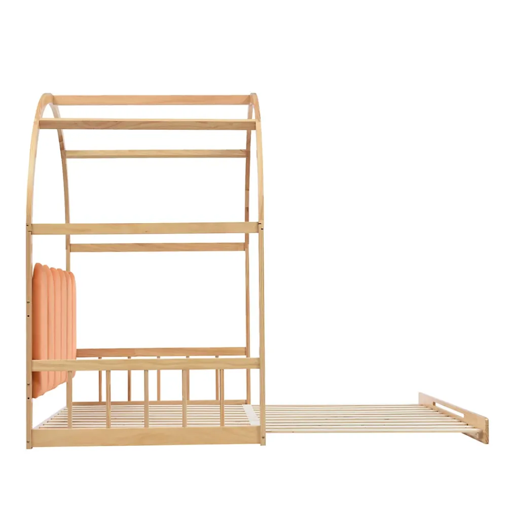 ProximaX Lit cabane enfant extensible 140x100-200 cm avec lit gigogne, cadre en pin, coussins en velours, coloris bois naturel et orange* Sommier