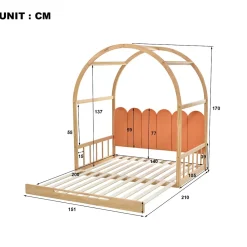 ProximaX Lit cabane enfant extensible 140x100-200 cm avec lit gigogne, cadre en pin, coussins en velours, coloris bois naturel et orange* Sommier