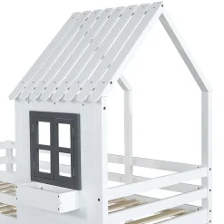 Okwish Lit Cabane enfant 90x200 cm - Lit Superposé avec Fenêtres et Garde-Corps Sécurisé, Maison en Pin Massif, Sans Matelas - Blanc*Enfant Lit Enfant
