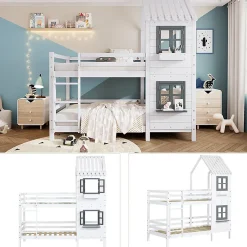 Okwish Lit Cabane enfant 90x200 cm - Lit Superposé avec Fenêtres et Garde-Corps Sécurisé, Maison en Pin Massif, Sans Matelas - Blanc*Enfant Lit Enfant