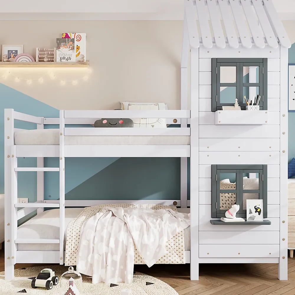 Okwish Lit Cabane enfant 90x200 cm - Lit Superposé avec Fenêtres et Garde-Corps Sécurisé, Maison en Pin Massif, Sans Matelas - Blanc*Enfant Lit Enfant