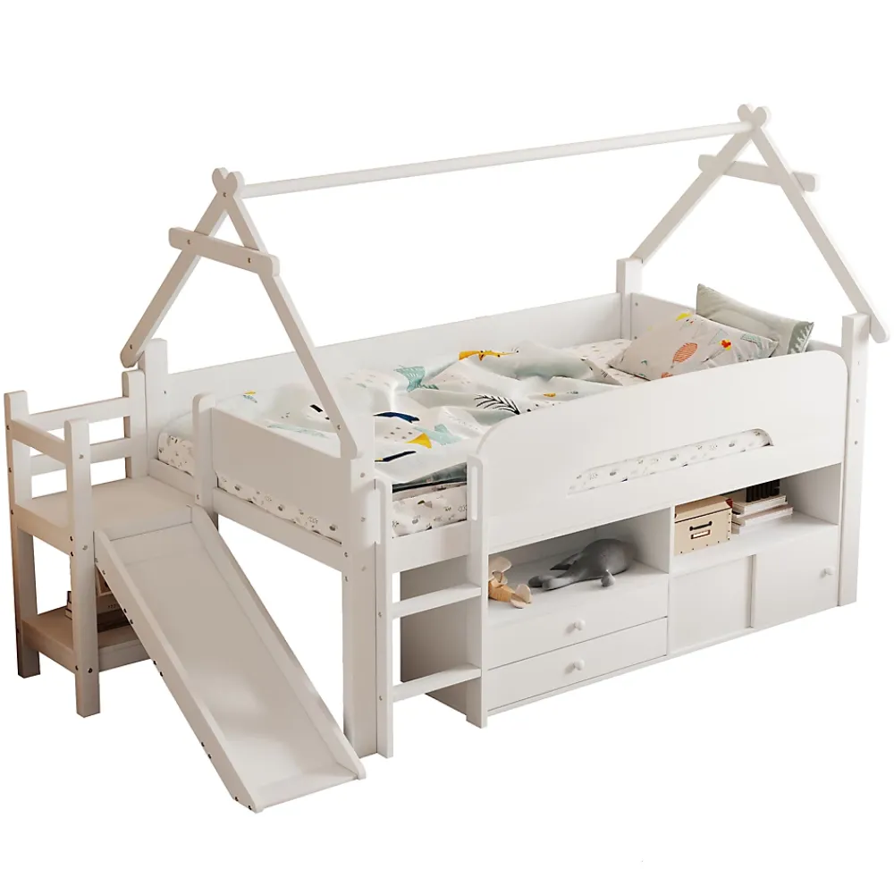 ModernLuxe Lit cabane enfant 90x200cm - toboggan - 2 tiroirs - barrières de sécurité - blanc (matelas non inclus)*Enfant Lit Enfant
