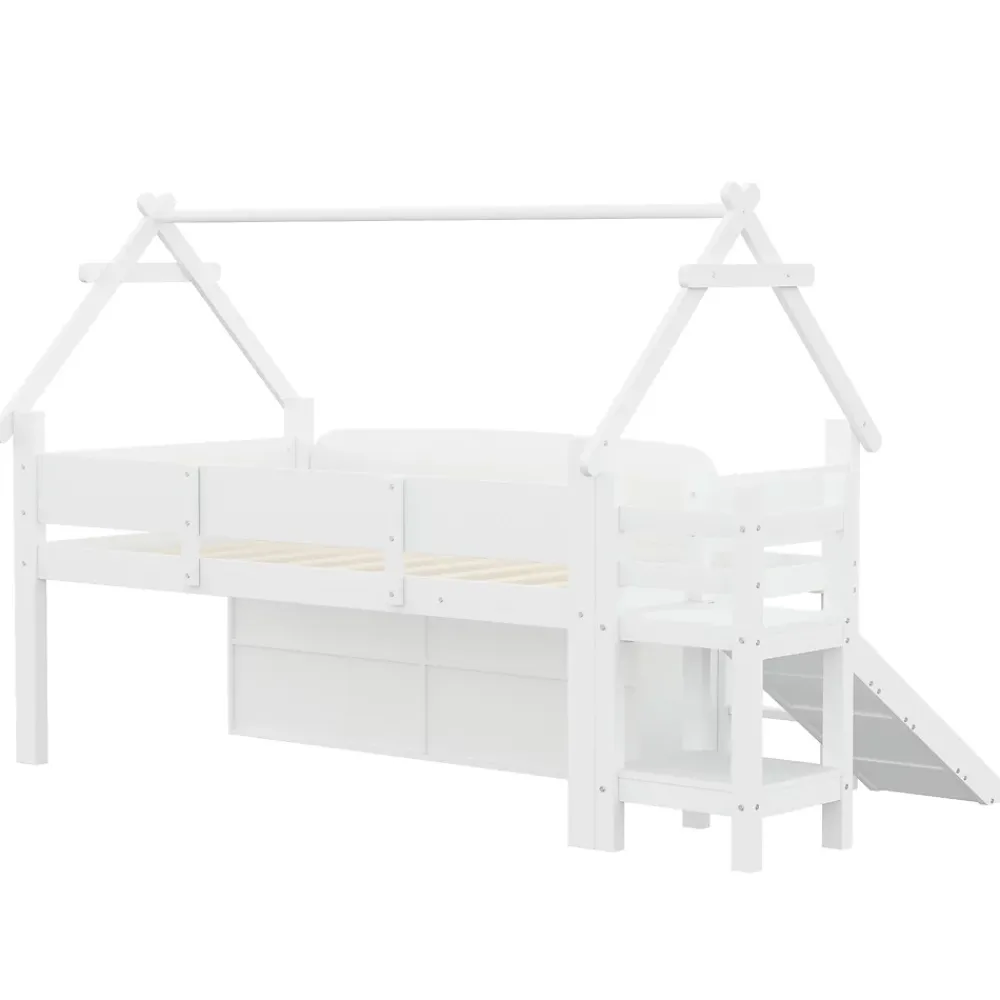 ModernLuxe Lit cabane enfant 90x200cm - toboggan - 2 tiroirs - barrières de sécurité - blanc (matelas non inclus)*Enfant Lit Enfant