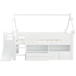 ModernLuxe Lit cabane enfant 90x200cm - toboggan - 2 tiroirs - barrières de sécurité - blanc (matelas non inclus)*Enfant Lit Enfant