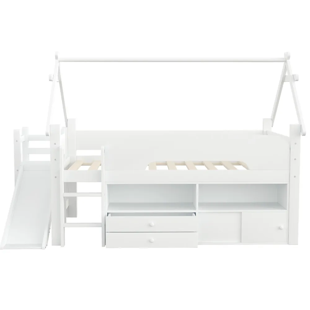 ModernLuxe Lit cabane enfant 90x200cm - toboggan - 2 tiroirs - barrières de sécurité - blanc (matelas non inclus)*Enfant Lit Enfant