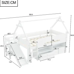 ModernLuxe Lit cabane enfant 90x200cm - toboggan - 2 tiroirs - barrières de sécurité - blanc (matelas non inclus)*Enfant Lit Enfant
