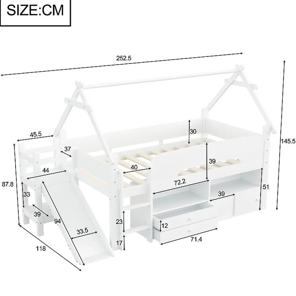 ModernLuxe Lit cabane enfant 90x200cm - toboggan - 2 tiroirs - barrières de sécurité - blanc (matelas non inclus)*Enfant Lit Enfant