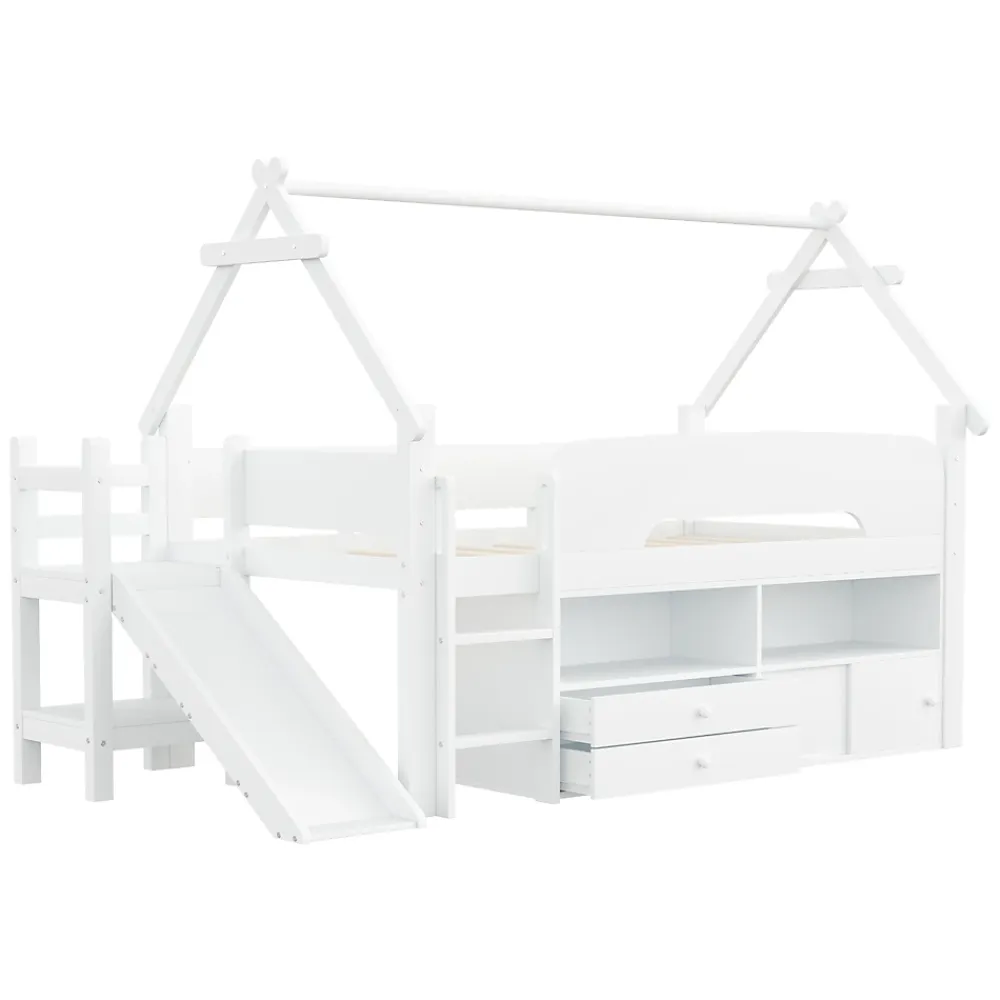 ModernLuxe Lit cabane enfant 90x200cm - toboggan - 2 tiroirs - barrières de sécurité - blanc (matelas non inclus)*Enfant Lit Enfant