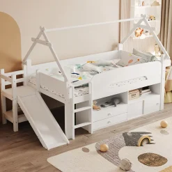 ModernLuxe Lit cabane enfant 90x200cm - toboggan - 2 tiroirs - barrières de sécurité - blanc (matelas non inclus)*Enfant Lit Enfant