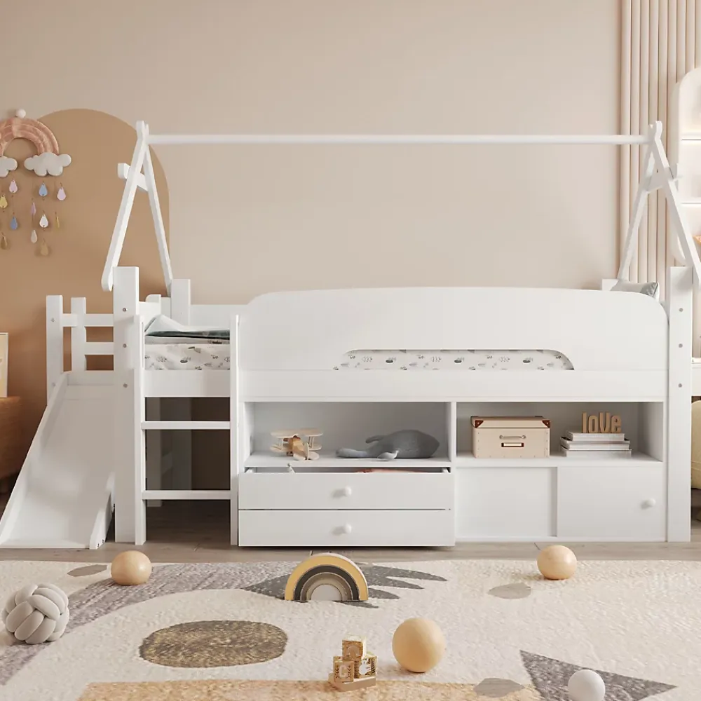 ModernLuxe Lit cabane enfant 90x200cm - toboggan - 2 tiroirs - barrières de sécurité - blanc (matelas non inclus)*Enfant Lit Enfant